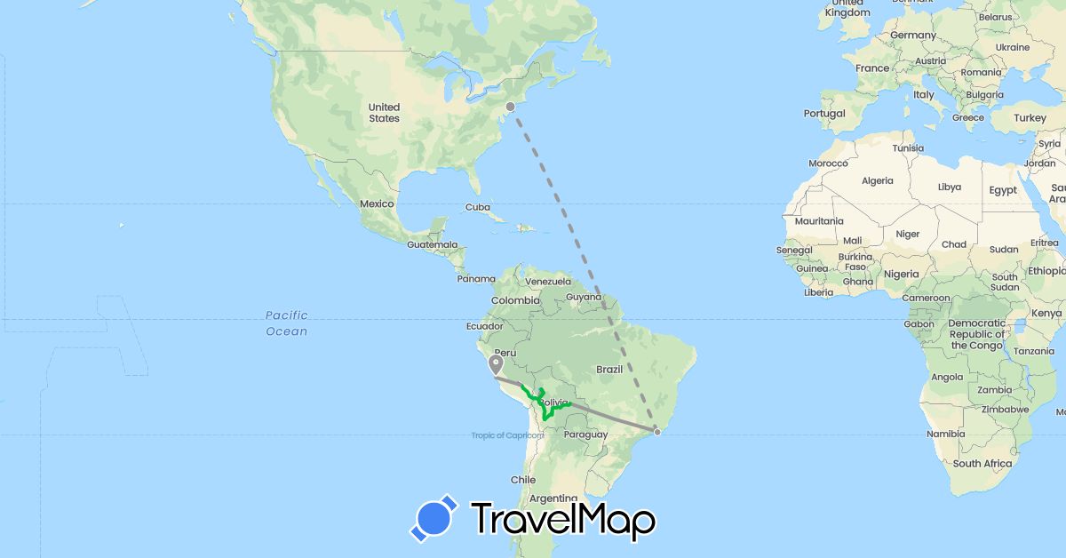 TravelMap itinerary: bus, plane, train, boat in Bolivia, Brazil, Peru, United States (North America, South America)
