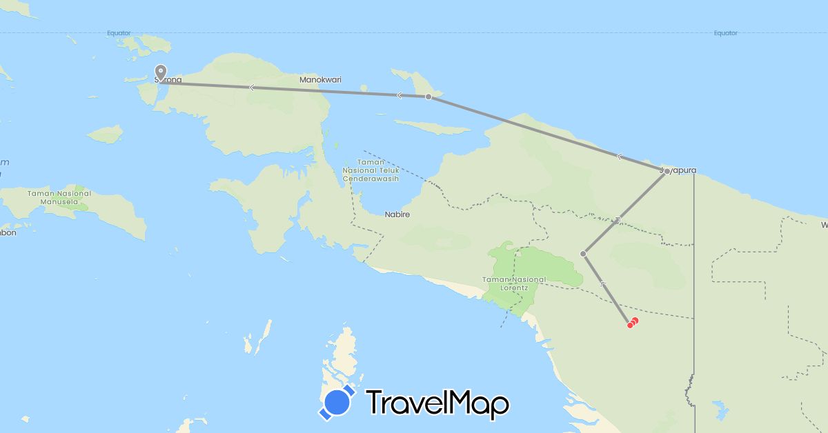 TravelMap itinerary: plane, hiking in Indonesia (Asia)