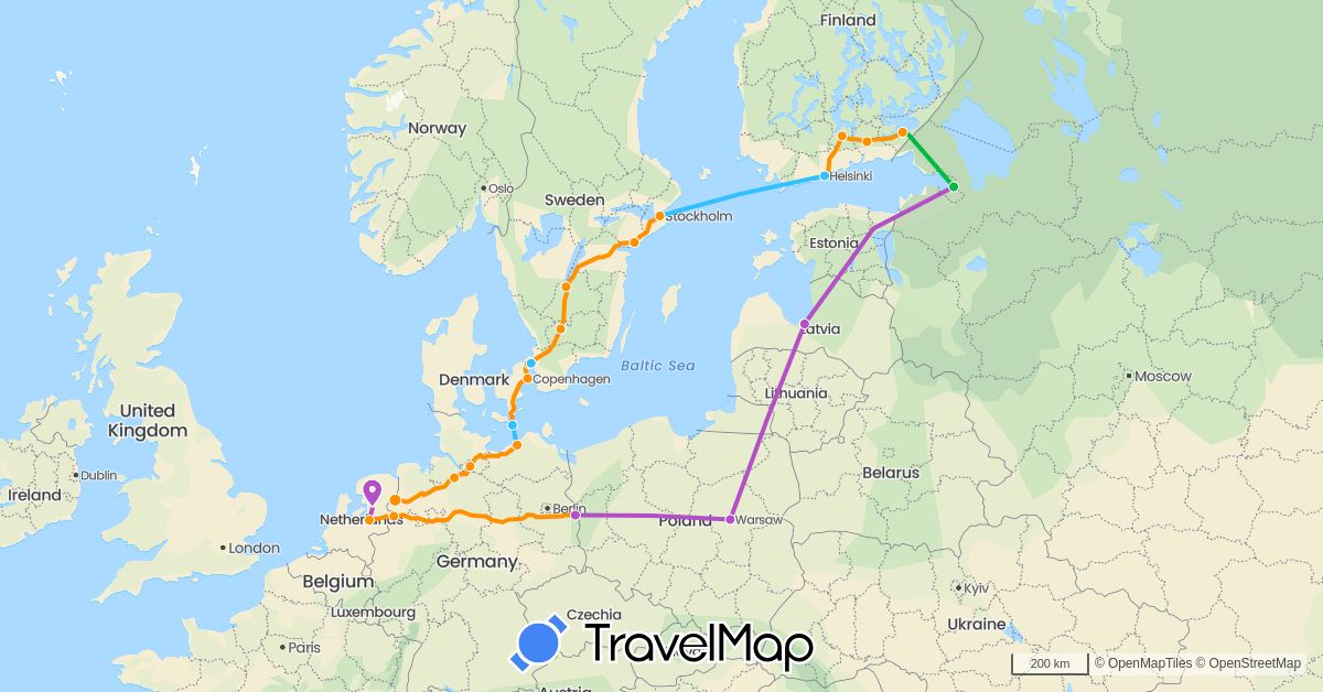 TravelMap itinerary: driving, bus, train, boat, hitchhiking in Germany, Denmark, Finland, Latvia, Netherlands, Poland, Russia, Sweden (Europe)