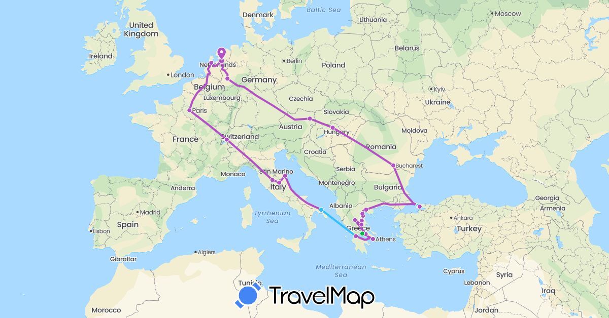 TravelMap itinerary: driving, bus, train, boat in Austria, Switzerland, Germany, France, Greece, Hungary, Italy, Netherlands, Romania, Turkey (Asia, Europe)