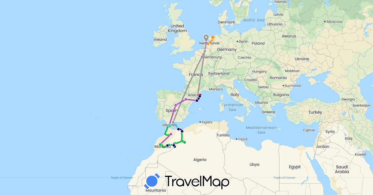 TravelMap itinerary: driving, bus, plane, train, hiking, boat, hitchhiking in Belgium, Spain, France, Morocco, Netherlands (Africa, Europe)
