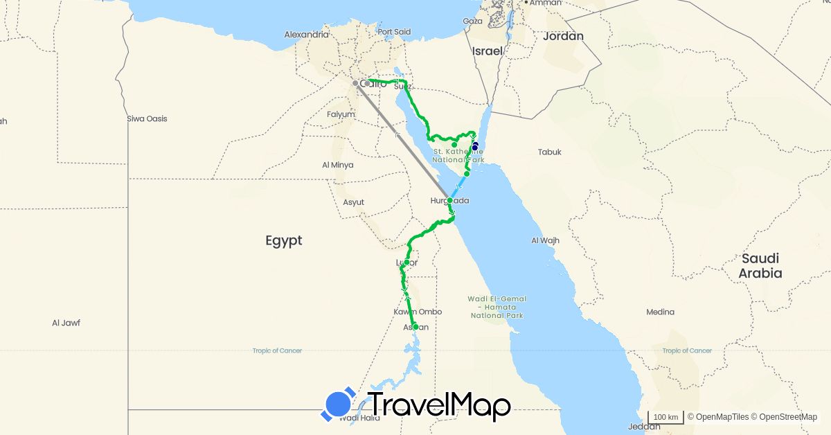 TravelMap itinerary: driving, bus, plane, train, boat in Egypt, Netherlands (Africa, Europe)