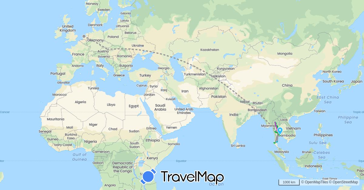 TravelMap itinerary: driving, bus, plane, train, boat in Austria, Netherlands, Thailand (Asia, Europe)
