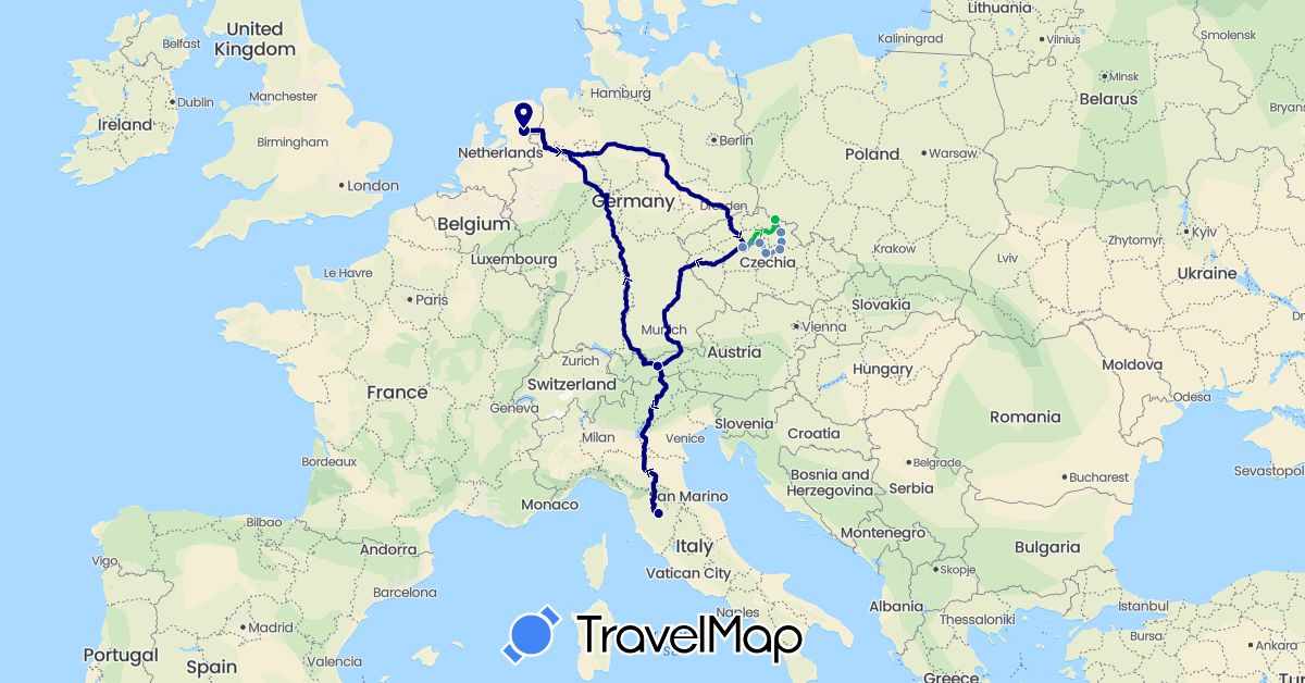 TravelMap itinerary: driving, bus, cycling in Austria, Czech Republic, Italy, Netherlands (Europe)