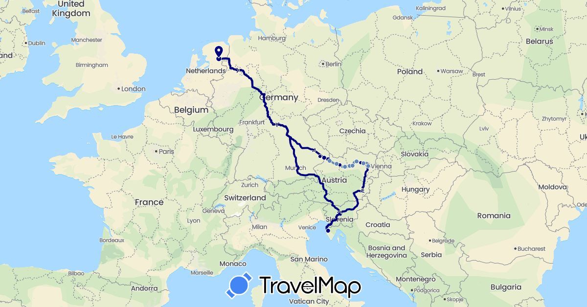 TravelMap itinerary: driving, cycling in Austria, Germany, Croatia, Netherlands (Europe)