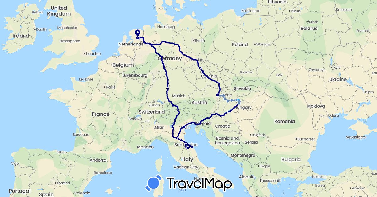 TravelMap itinerary: driving, cycling, boat in Austria, Hungary, Italy, Netherlands, Slovakia, San Marino (Europe)